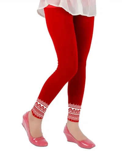 Red Floral Leggings - Fantasy Soft Cotton Ankle Length