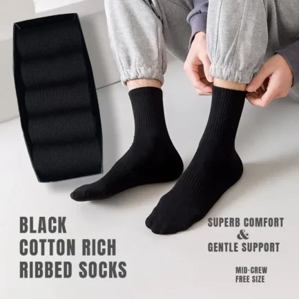 Mid Crew Solid Black Rib Cotton Socks -Pack of 5