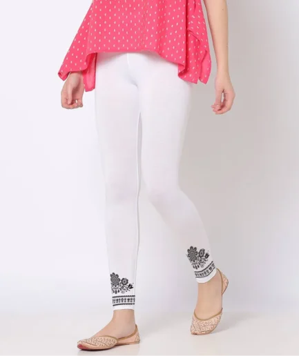 White Traditional Floral pattern Leggings Ankle Length -Soft Cotton