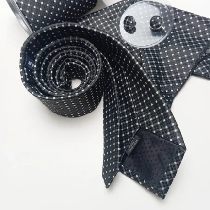 Men's Luxury Silk Black Square Neck Ties - Jacquard With Hanky - Cufflinks Set