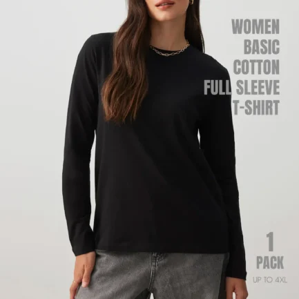 Basic Long Sleeve Women Cotton Black T-Shirt