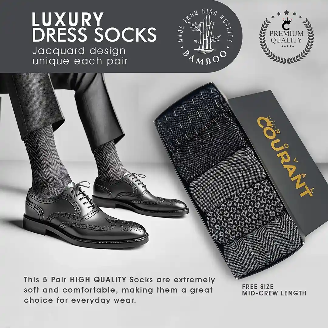Men's Jacquard Dress Socks - Premium Bamboo Rayon, 5 Pairs