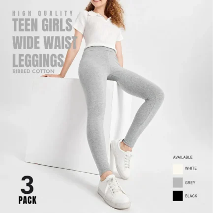 Girls Stretch Ribbed Wide Waisted Leggings - 3pcs