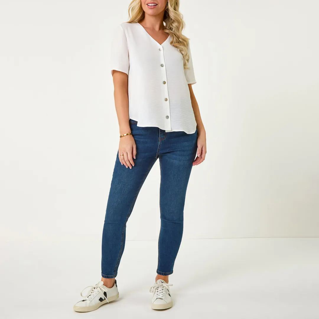 Women's White Petite V-Neck Button Casual Top - Image 3