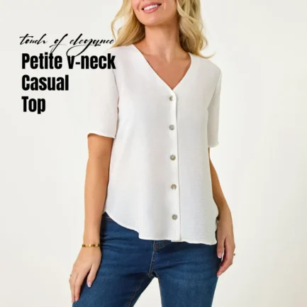 Women's White Petite V-Neck Button Casual Top