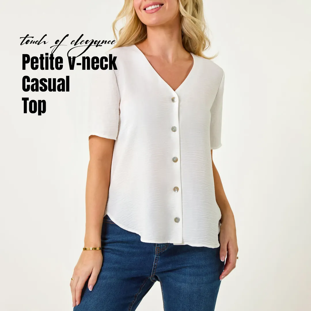 Women's White Petite V-Neck Button Casual Top