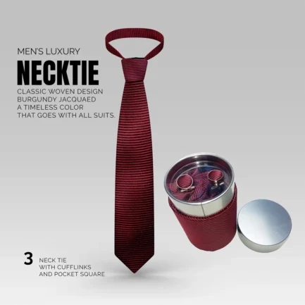 Men's Burgundy Luxury Jacquard Silk Neck Ties - Hanky - Cufflinks Set
