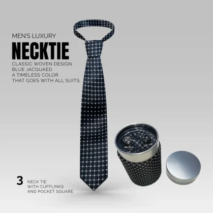 Men's Luxury Silk Black Square Neck Ties - Jacquard With Hanky - Cufflinks Set