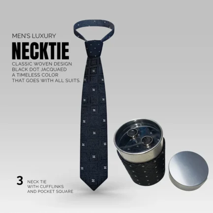 Men's Luxury Silk Black Dot Neck Ties - Jacquard With Hanky - Cufflinks Set