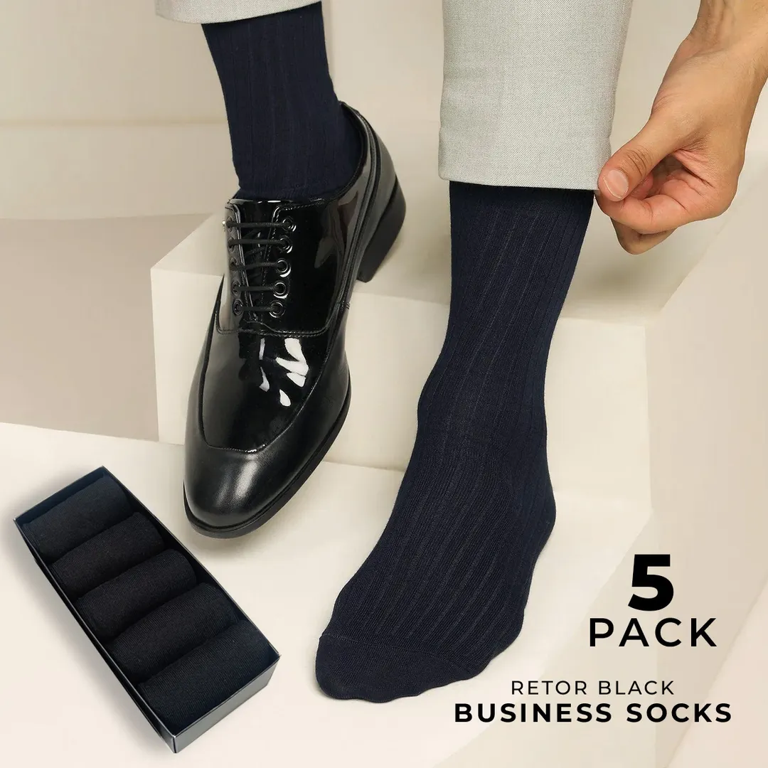 Retro Solid Black Crew Cuff Cotton Business Socks 5 Pairs
