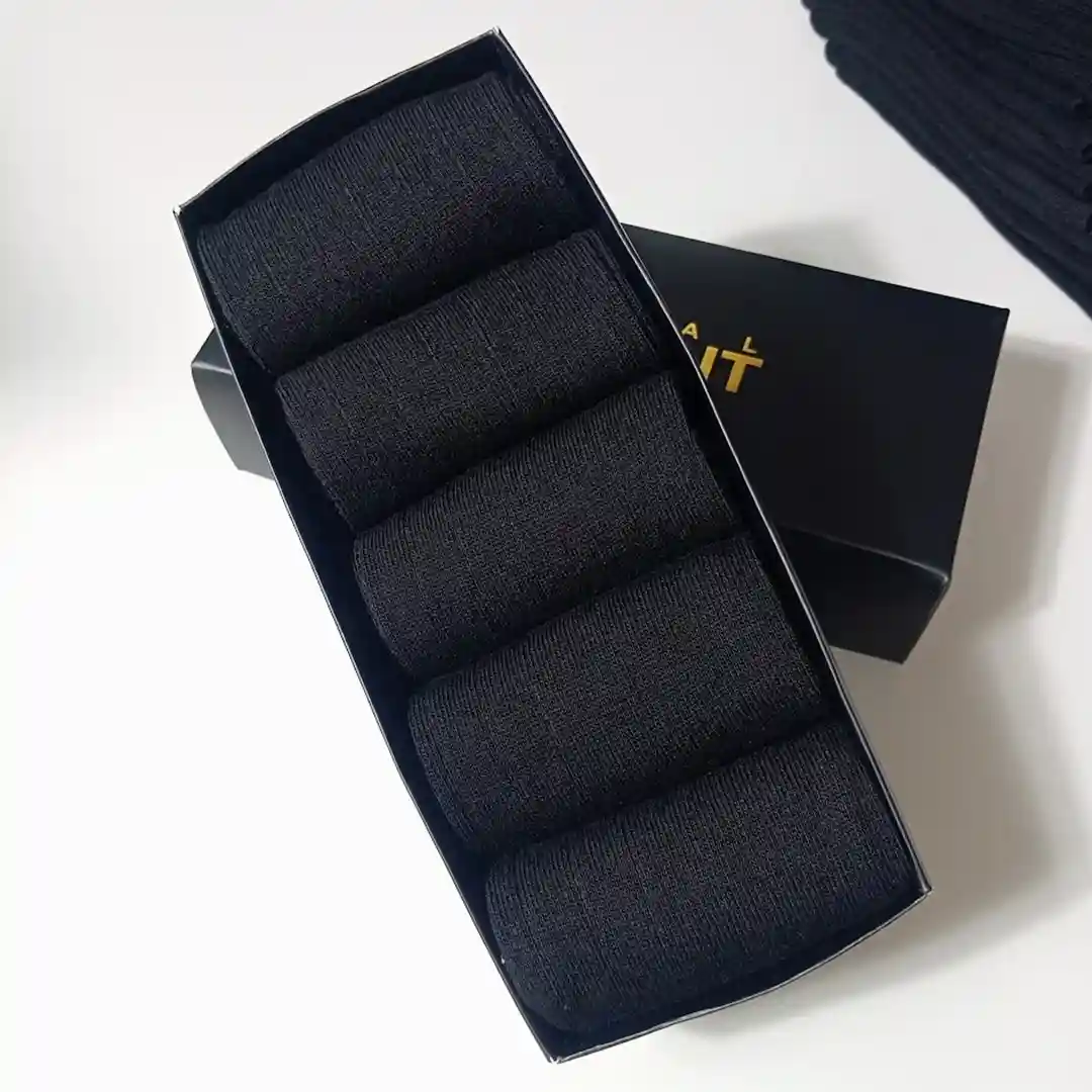 Retro Solid Black Crew Cuff Cotton Business Socks 5 Pairs - Image 2