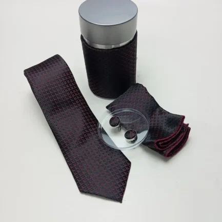 Alternative view of Men’s Luxury Black Maroon Neck Ties – Jacquard With Hanky – Cufflinks Set