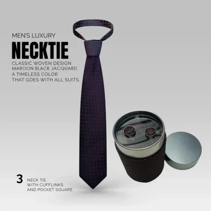 Men’s Luxury Black Maroon Neck Ties – Jacquard With Hanky – Cufflinks Set