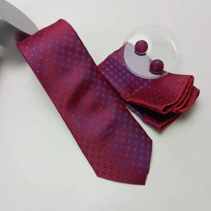 Alternative view of Men’s Maroon Luxury Square Jacquard Silk Neck Ties – Hanky – Cufflinks Set