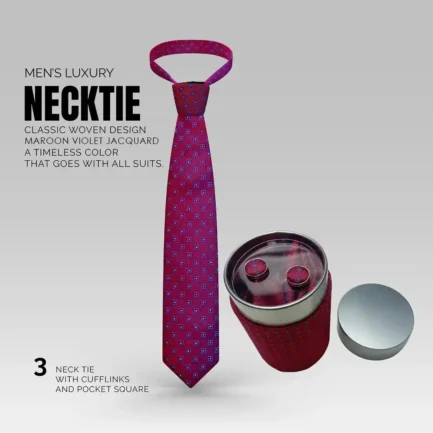 Men’s Maroon Luxury Square Jacquard Silk Neck Ties – Hanky – Cufflinks Set