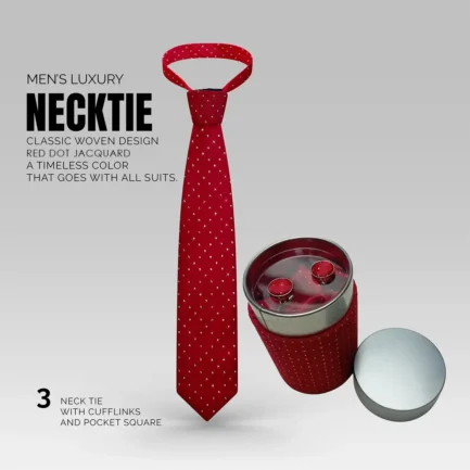 Men’s Luxury red white dot Neck Ties – Jacquard With Hanky – Cufflinks Set