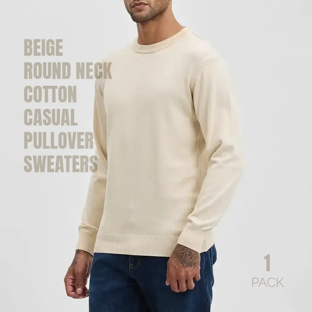 Beige Round Neck Cotton Casual Pullover Sweaters