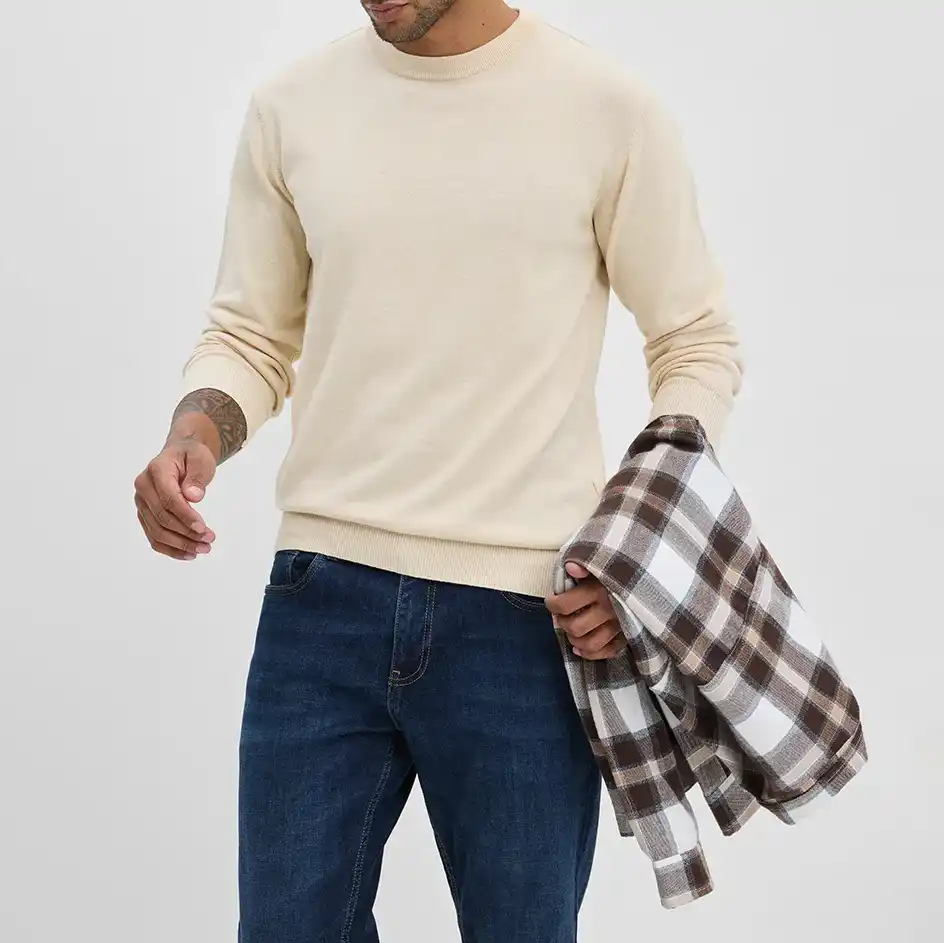 Beige Round Neck Cotton Casual Pullover Sweaters - Image 3