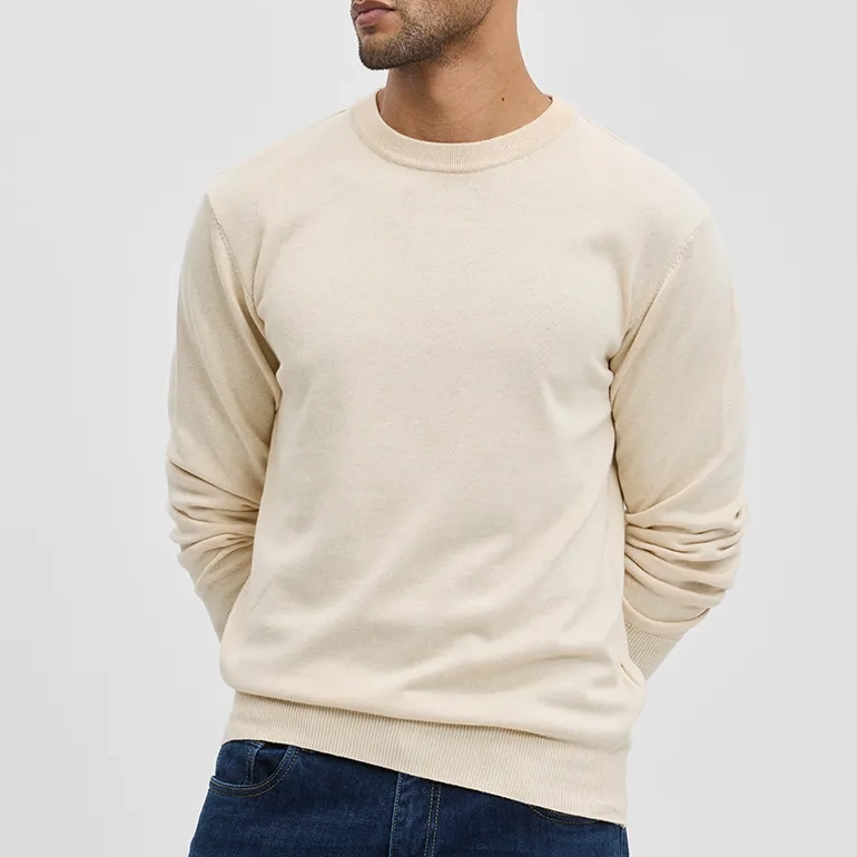 Beige Round Neck Cotton Casual Pullover Sweaters - Image 2