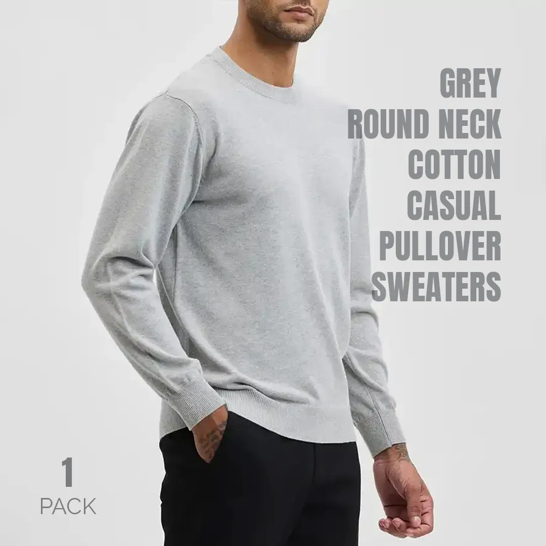 Grey Round Neck Cotton Casual Pullover Sweaters