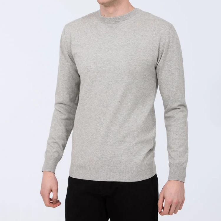 Grey Round Neck Cotton Casual Pullover Sweaters - Image 4