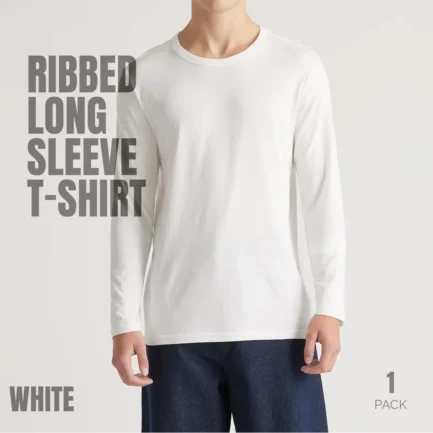Round Neck Full Sleeve Cotton Rib T-Shirt -White
